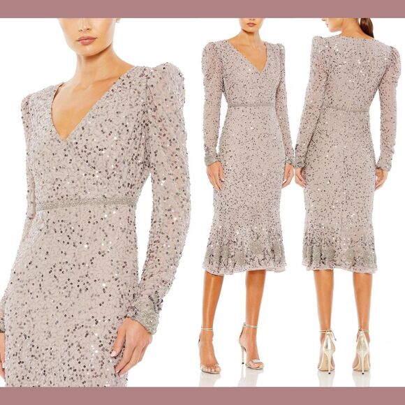 NWT $498 Mac Duggal [ 14 ] Embellished Hemline & Sequin Midi Dress Purple #G1913 - Picture 1 of 16